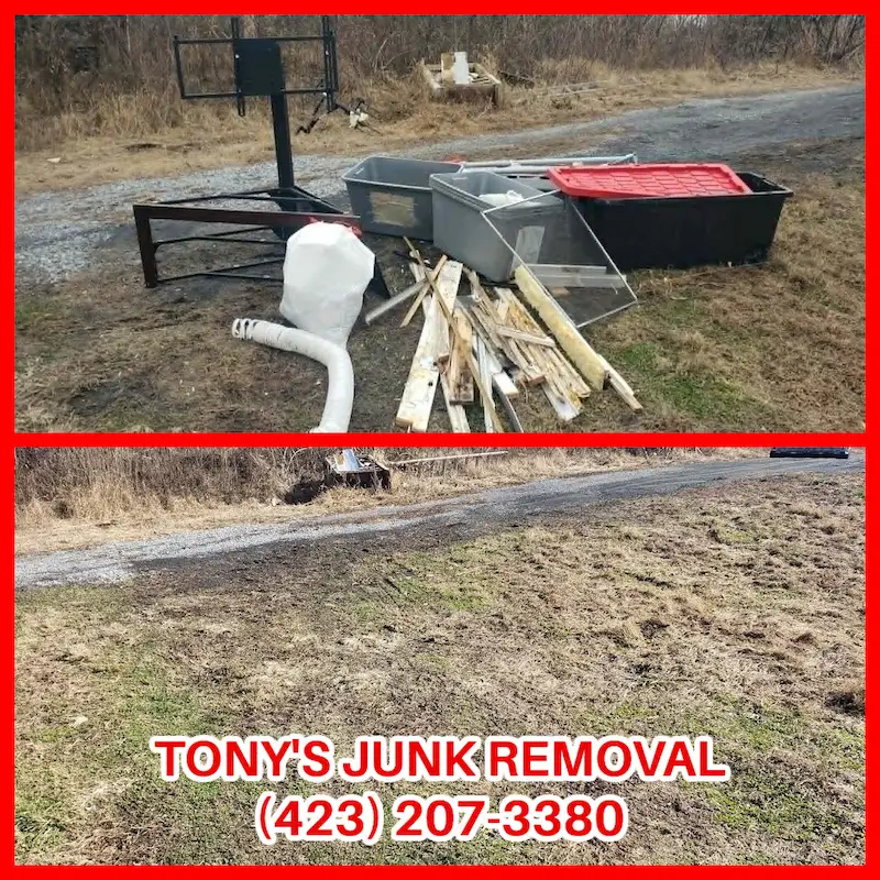 Before and after house and yard junk removal cleanup in the Tri-Cities area of Tennessee, work done by Tony's Tri-Cities Junk Removal.
