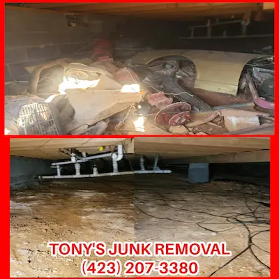 Before and after rental unit crawl space cleanout in Johnson City, TN, by Tony’s Tri-Cities Junk Removal.