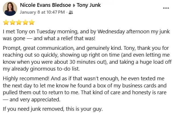 5-star customer review for Tony’s Junk Removal in Johnson City, TN, highlighting top-rated hauling and cleanout services.