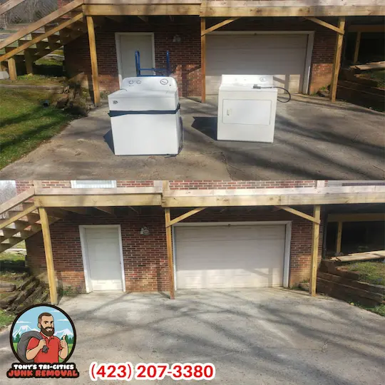 Customer called for a garage cleanout of some old appliances. We showed up on time, removed the appliances out of the garage, loaded onto the trailer, and hauled to the nearest metal recycling facility near downtown johnson city tennessee.
